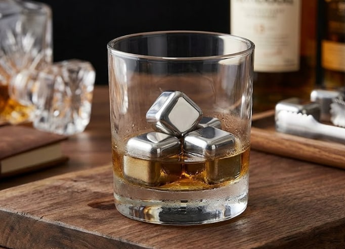 Stainless steel chilling cubes in a whisky glass
